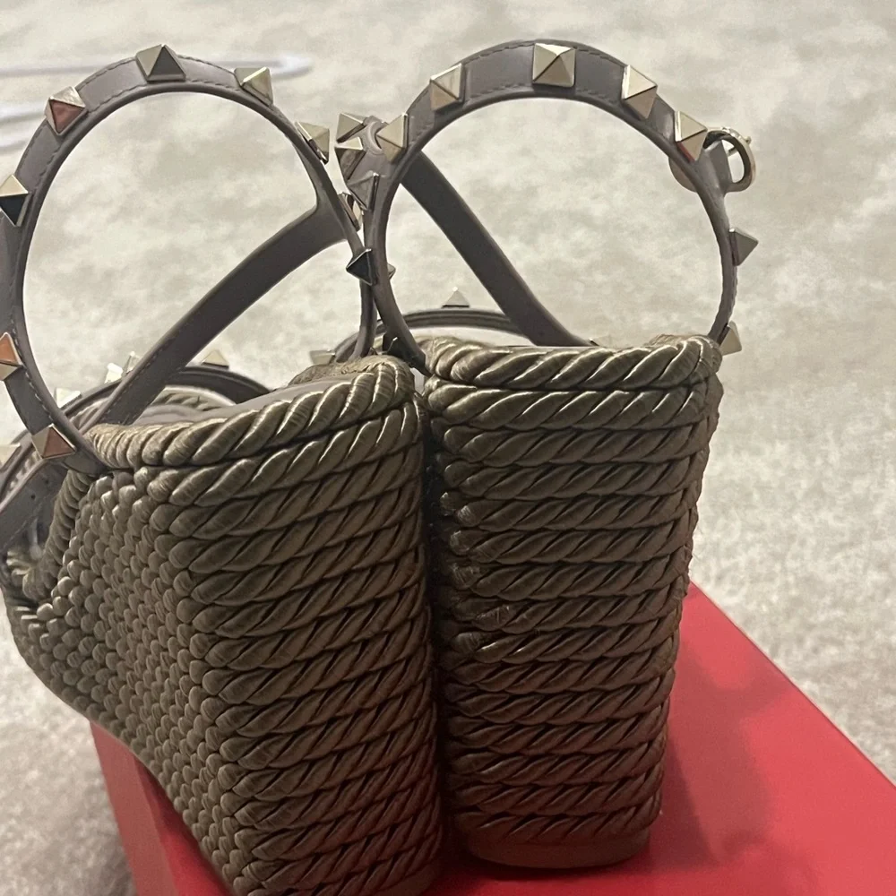 Valentino Garavani Taupe Studded Espadrille Wedge Sandals